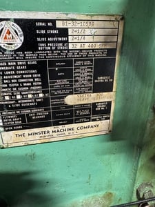 32 Ton, Minster #B1-32, Gap Frame Single Crank Mechanical Press, 24" x 15" bolster, 2-1/2" stroke, 2-1/4"