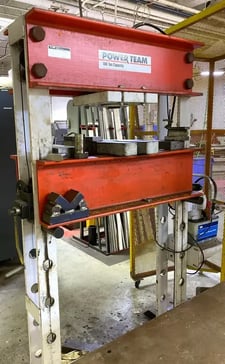 100 Ton, OTC Tool #1854, hydraulic H-frame shop press, 10" stroke, 35" btwn uprights, 10000 psi