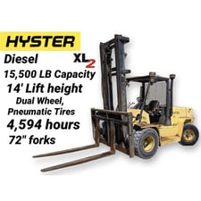 15500 lb. Hyster #H155XL, diesel dual forklift truck, 14' lift height, 72" forks, side shift