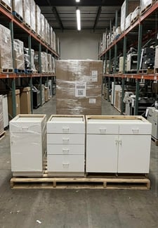 11-Piece White Wood Lab Casework Suite, 3x 48" Base Cabinets, 7x 24" Drawer Stacks, 1x 18" Slim Cabinet