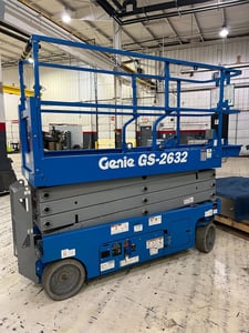 500 lb. Genie #GS-2632, electric slab scissor lift, 53 hours, 31'9" lift height, 25'9" platform height, FWD