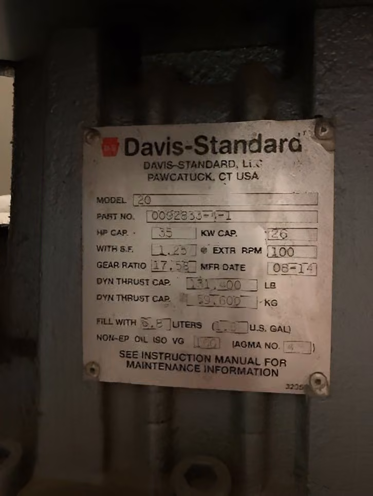 2" Davis Standard, single screw extruder, 35 HP, 100 RPM, 17.58:1 ratio, 131,400 lb. thrust, 2014