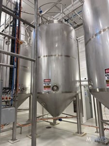 4200 gallon Qualtech, Stainless Steel Jacketed Vertical Mix Tank, 102" diameter x 120" height, cone