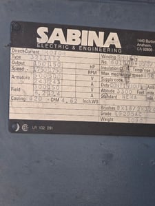 150 HP 1750 RPM Sabina, Frame 3211ATZ, Shunt wound, 500 VA 300/150 VF, Blower Cooked, E-OK
