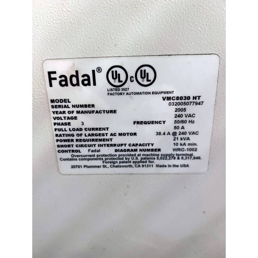 Fadal #VMC8030HT, CNC vertical machining center, 21 automatic tool changer, 82" X, 30" Y, 30" Z, 10000 RPM