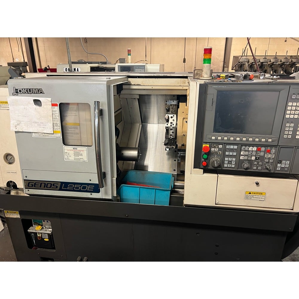 Okuma #Genos-L250E, CNC lathe, 17.7" swing, 8" chuck, chuck, 2.6" bore, 11.02" dia., 19.69" lgth, A2-6, 12