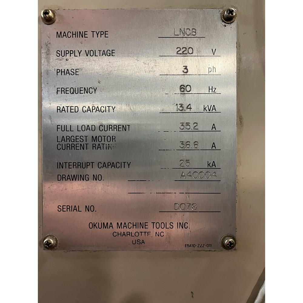 Okuma #Cadet-LNC8, CNC lathe, bar feed, Okuma Control, 220 V., 3-phase, 1997