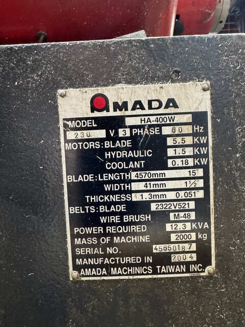 16" x 16" Amada #HA-400W, automatic horizontal band saw, 7.5 HP, 50-295 FPM, hydraulic feed, chip conveyor