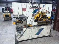 6-1/2" x 6-1/2" x 1/2" Geka #HYD, hydraulic ironworker, 110 ton, 12" throat, 2" stroke, 5 stations, 1997