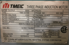 6000 HP 1780 RPM TMEIC Motor, Frame 500-1800, 4160 Volts