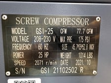 116 cfm, 100 psig, Standard Industrial #GSI-25, Rotary Screw Air Compressor, 25 HP, 2021