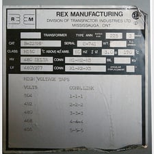 225 KVA 480 Delta Primary, 480Y/277 Secondary, Rex, Dry Type Transformer 3 Phase