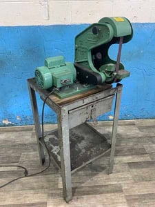 1" x 42" Burr King #562, vertical belt grinder, 5-1/2" throat, positive belt tracking, 3 wheels, pedestal