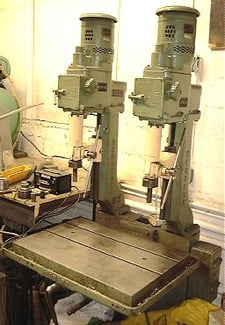2 Spindle Herbert, double head drill, #2MT, 6" quill travel, 18" x 24" ground table, 550 V., coolant