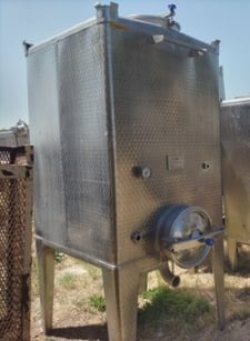 529 gallon Stainless Steel Tote Tank, 48" x 48" square, top & side bottom manways, side bottom outlet, (2