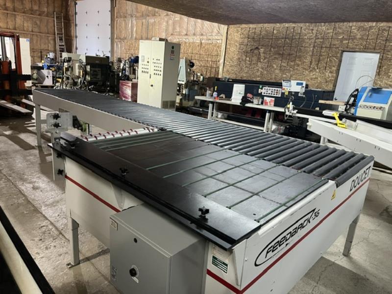 Doucet #FB-36-5-16-G, return conveyor for shaper/sander, LH return, 60" x 36" receiving, 36" width x 11' L
