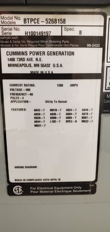 1200 Amp. Cummins Power Generation, BTPCE-5268158, automatic transfer switch, 480 Volts, 3-Phase