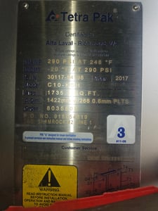 1,735 sq.ft. Tetra Pak / Alfa Laval #C10-KRH, Plate Heat Exchanger, 290 PSI, 2017