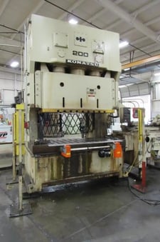 220 Ton, Komatsu #OBW-200-2, Gap Frame Double Crank Press, 9.84" stroke, 19.69" shut height, 94.49" x 35.4"