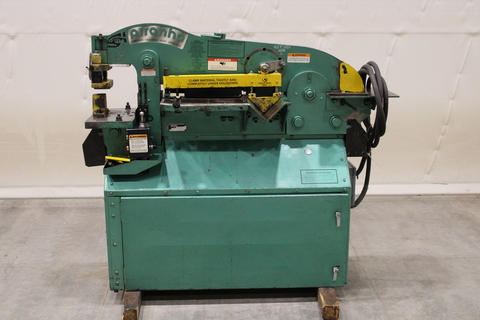 5" x 5" x 3/8" Piranha #P50, Ironworker, 50 ton, 8" throat, 4-1/4" stroke, 14-5/8" plate shear, 13-1/2" open