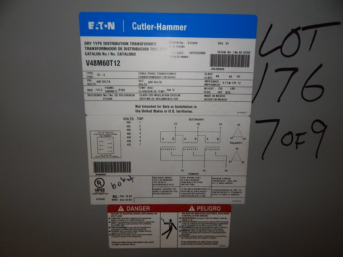 112.5 KVA 480 Primary, 208Y/120 Secondary, Eaton V48M60T12, dry type transformer, 3 Phase