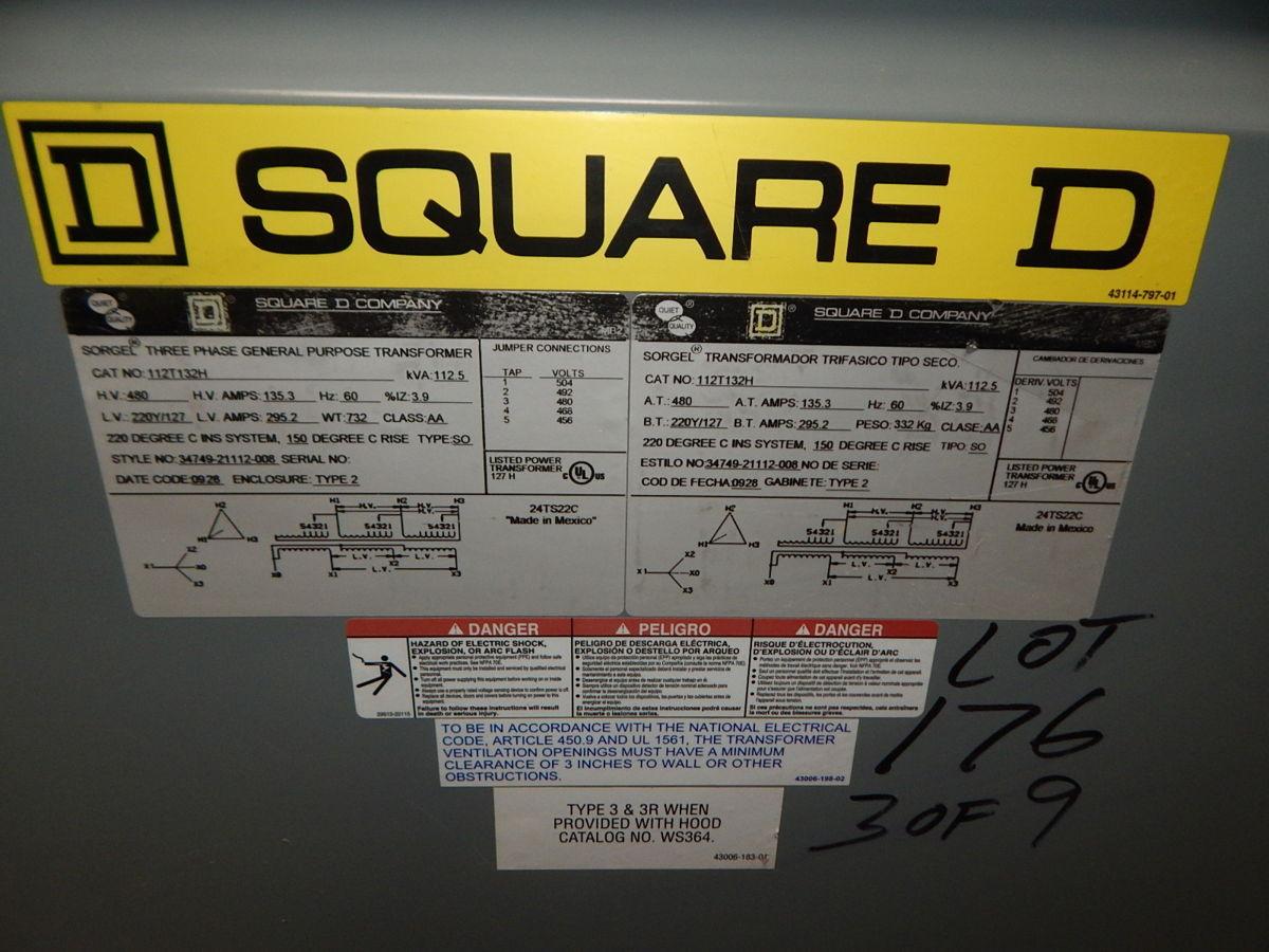 112.5 KVA 480 Primary, 208Y/120 Secondary, Square D 112T132H, dry type transformer, 3 Phase