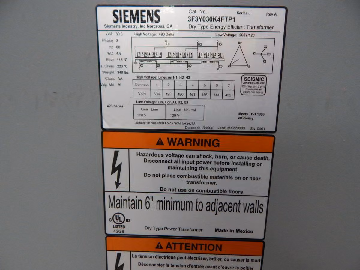 30 KVA 480 Primary, 208Y/120 Secondary, Siemens 3F3Y030K4FTP1, dry type transformer, 3 Phase