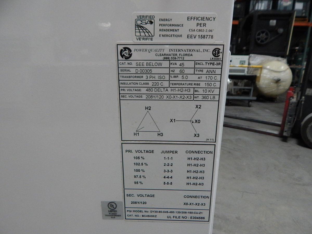 45 KVA 480 Primary, 120/208 Secondary, Power Quality International DY30-60-045-480, dry type transformer, 3