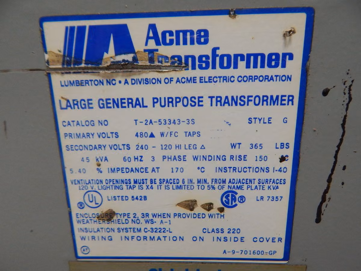 45 KVA 480 Primary, 220/120 Secondary, Acme T-2A-53343-3S, dry type transformer, 3 Phase