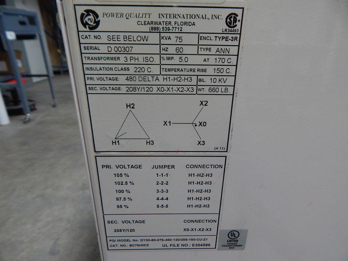 75 KVA 480 Primary, 120/208 Secondary, Power Quality International DY30-60-075-480, dry type transformer, 3