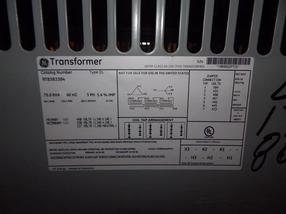 75 KVA 480 Primary, 208Y/120 Secondary, General Electric 9T83B3384, dry type transformer, 3 Phase