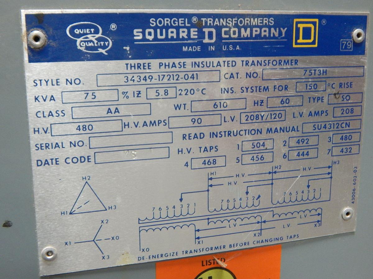 75 KVA 480 Primary, 208Y/120 Secondary, Square D 75T3H, dry type transformer, 3 Phase