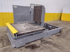 20000 lb. Braner, hydraulic coil car upender, power feed conveyor, 54" diameter x 36" width, 58" x 68" rollers