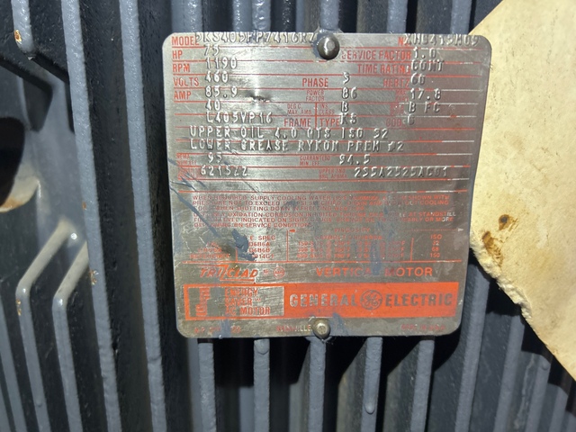 75 HP 460 RPM General Electric, Frame L405VP16, TEFC, 460 Volts, reman.