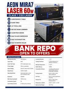 Aeon Laser #Mira-7, CO2 laser engraver, 60 watt, 27-9/16" x 17-11/16" work area, 5-7/8" Z, 1200 mm/sec, water
