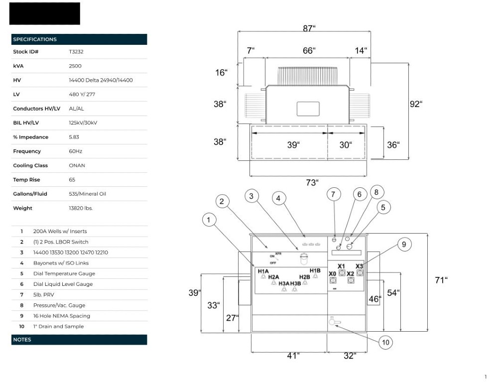 2500 KVA 14400/24940GrdY/14400 Primary, 480Y/277 Secondary, PAD, Recon(2 available, shipment available in 10