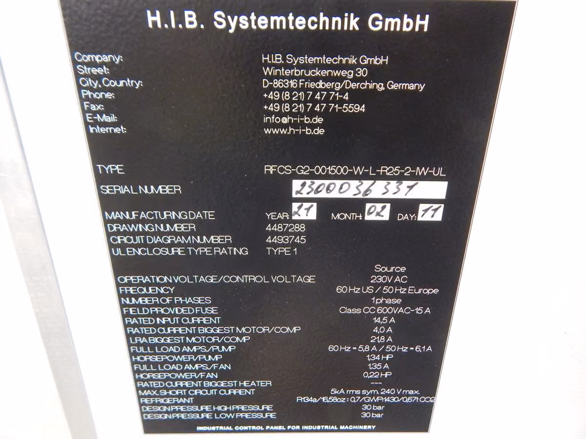 H.I.B. Systemtechnic #RFCS-G2-001500-W-L-R25-2-IW-UL, Chiller, 1.5 KW, UL type 1 enclosure, R134a, 2021 (2