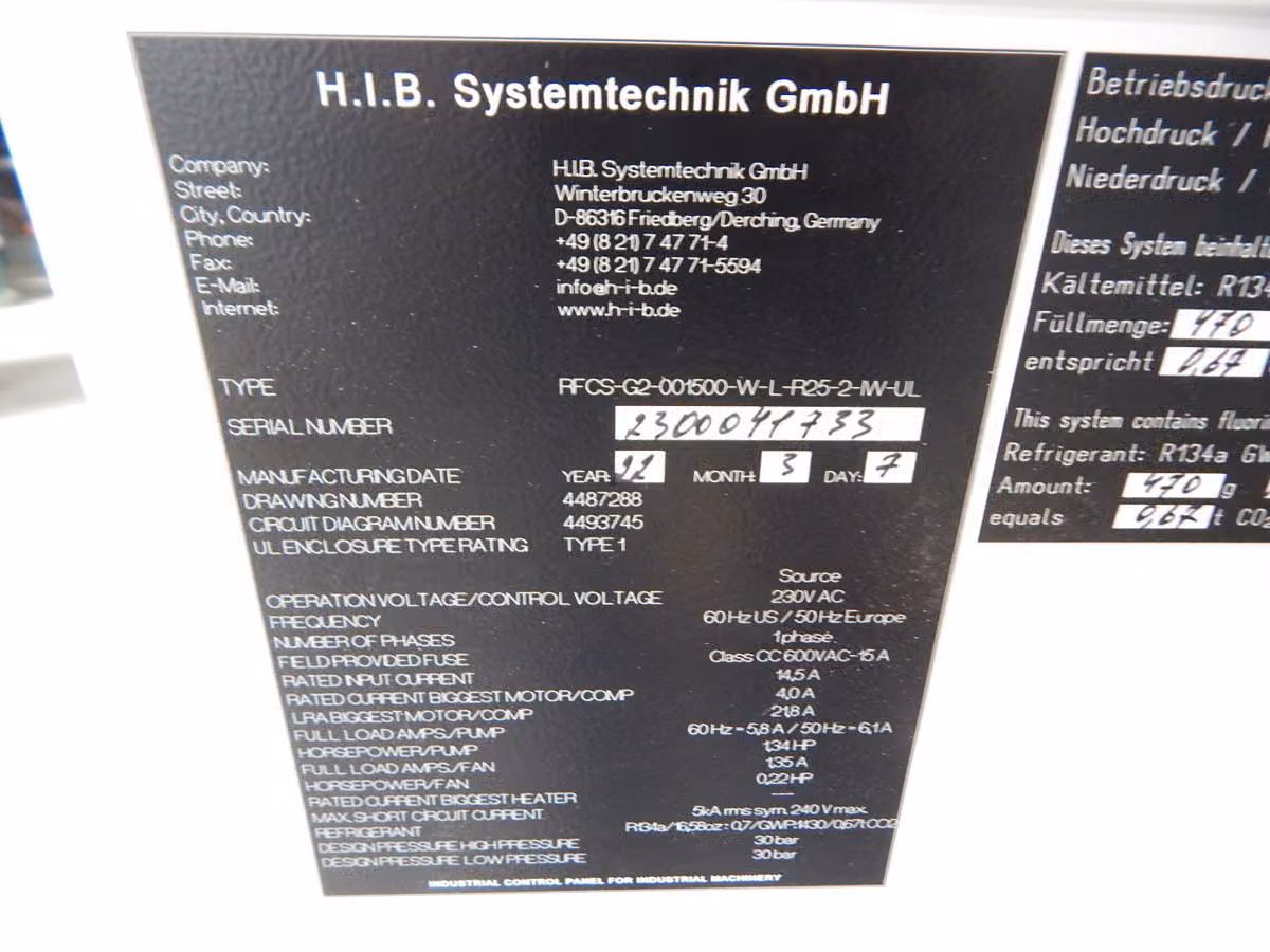 H.I.B. Systemtechnic #RFCS-G2-001500-W-L-R25-2-IW-UL, Chiller, 1.5 KW, UL type 1 enclosure, R134a, 2022