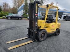 6,500 lb. Hyster #H65XM, forklift, LPG, 3-stage mast, solid tires, sideshift, 2000