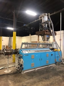 Everplast #EMD-90, 90mm twin screw extruder, 25:1 L/D, air cooled, 60 HP, PVC pipe die heads 2" to 6", 2023