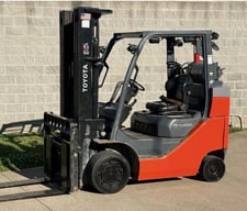 8000 lb. Toyota #8FGC35U, LPG cushion tire forklift, 199" lift height, side shift, 5934 hours, 2018