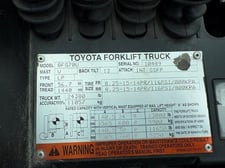 15500 lb. Toyota #8FG70U, propane forklift, 120" lift height, 6' forks, enclosed cab. w/ heat & air cooled