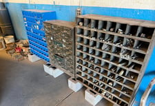 Industrial Bolt Bin & Parts Storage System, (3) steel bolt bin racks, (3) buckets of assorted