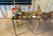 Machine Shop Tooling Lot w/ Steel Work Table, 37" width x 26" D x 34" H table, assorted drill press