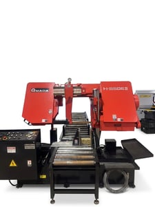 21.65" x 18.9" Amada #550E-II, 16' x 0.05" x 1.5" blade, 56-246 FPM, 7.5 HP, hydraulic tension, split vise