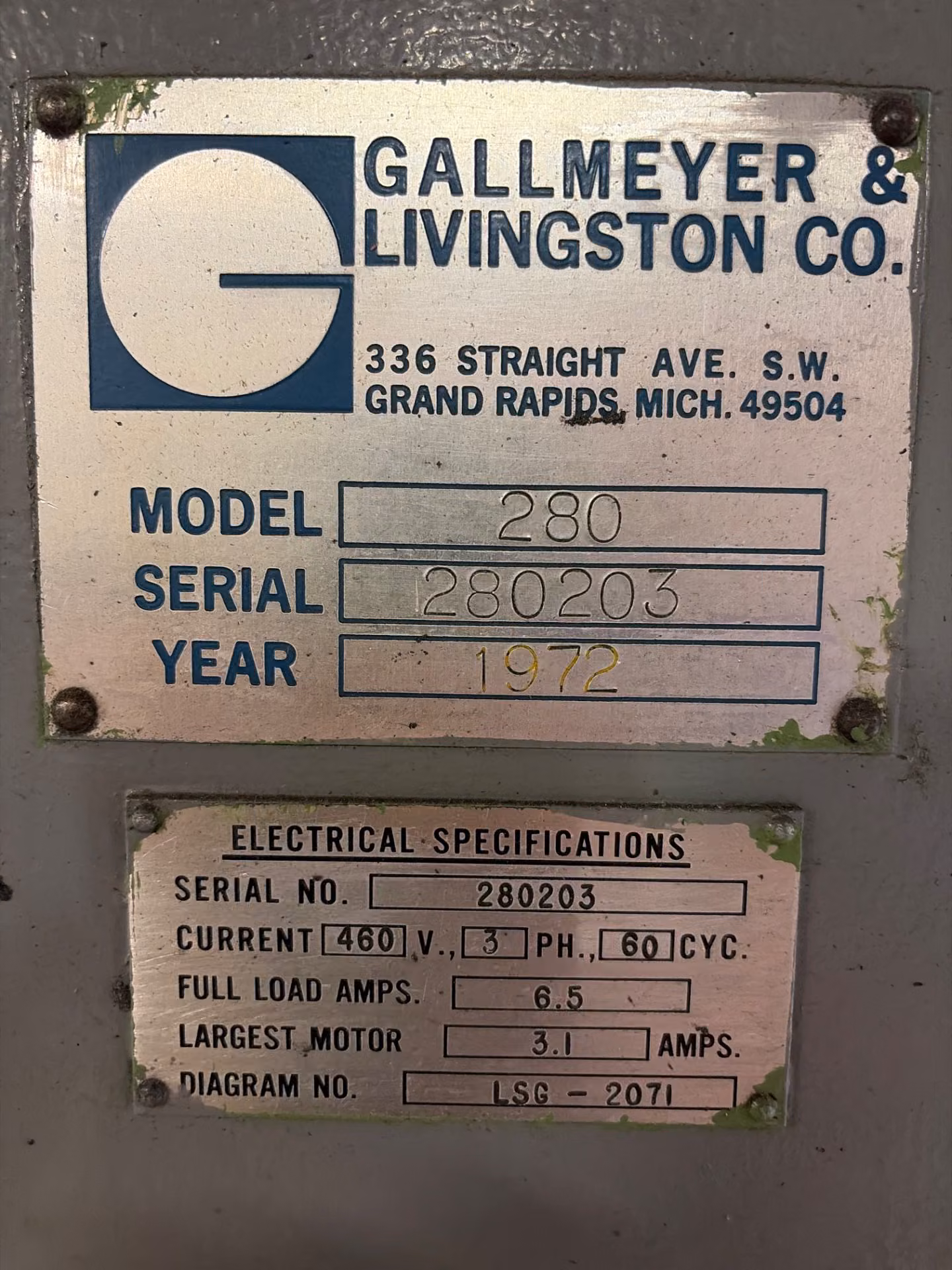 24" x 8" Gallmeyer & Livingston #280, Surface Grinder, Carbon Steel Walker, 9" x3" x1" wheel, 460 V., 3