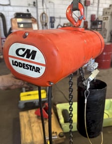 1 Ton, CM Lodestar #F2, electric chain hoist, 8' lift, 5/16 FPM, 1/2 HP, 230 V., 3 Ph., manual trolley