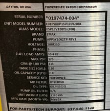 114 cfm, 100 psi, Eaton #ESP15V120Y3(208), air compressor, 208/230 V., 3-phase, 120 gallon tank, 2024