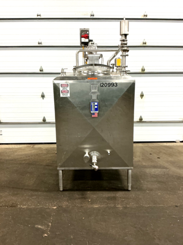 300 gallon Feldmeier #25-03, Stainless mixing tank, 45" x 38" x 43", 3" discharge port, 208-230/460 V.