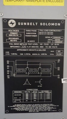 3000/3360 KVA 4800 Delta Primary, 480 Wye Secondary, Sunbelt Solomon